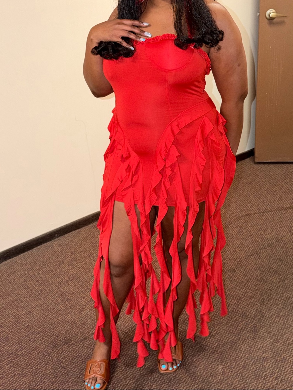 Red Strapless Ruffle Fringe Midi Dress